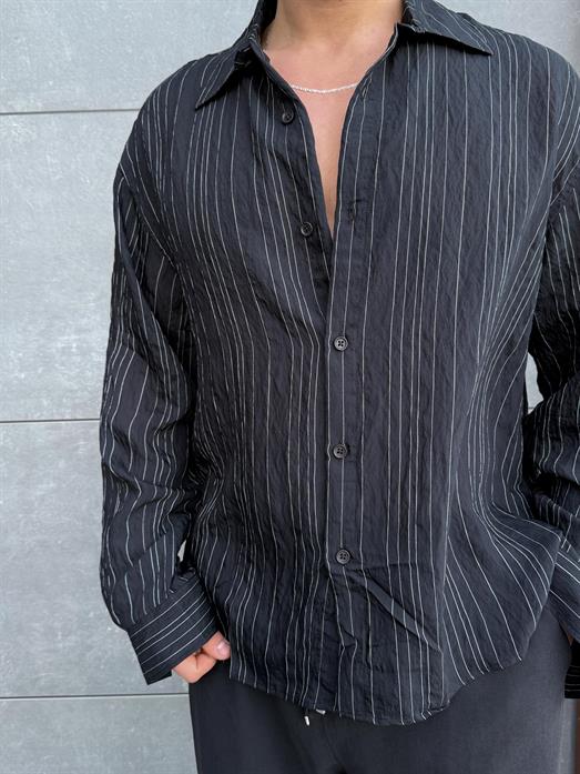 Siyah Roba Detaylı Pamuk Çizgili Gömlek PNC 2537