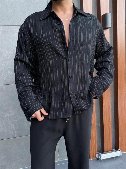 Siyah Roba Detaylı Pamuk Çizgili Gömlek PNC 2537