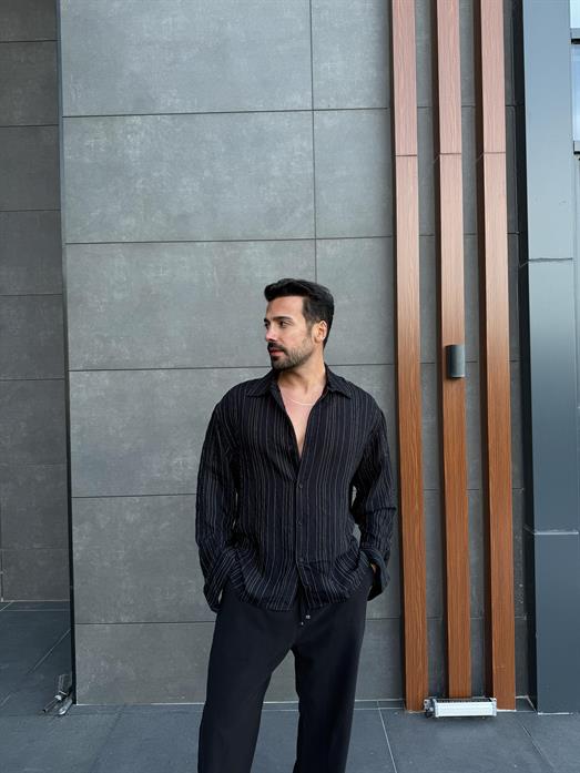 Siyah Roba Detaylı Pamuk Çizgili Gömlek PNC 2537