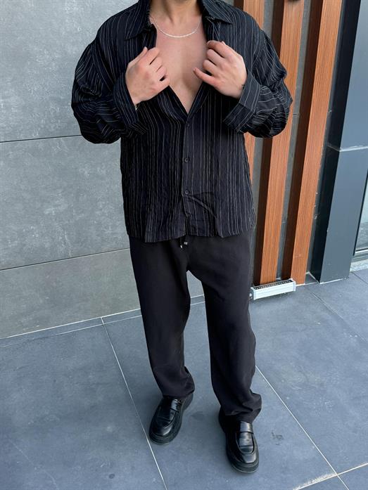 Siyah Roba Detaylı Pamuk Çizgili Gömlek PNC 2537