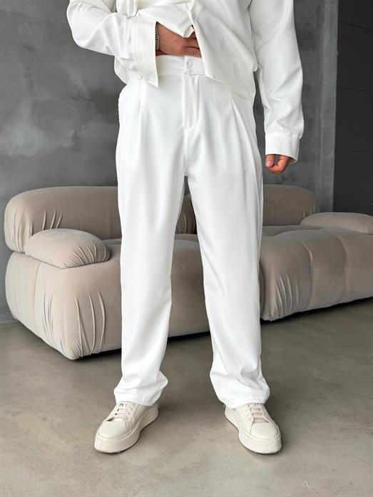 Beyaz Double Kumaş Pileli Pantolon MSS