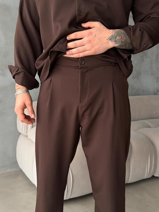 Kahve Double Kumaş Pileli Pantolon MSS