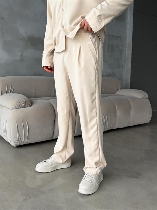 Krem Double Kumaş Pileli Pantolon MSS