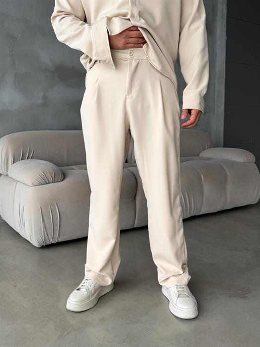 Krem Double Kumaş Pileli Pantolon MSS