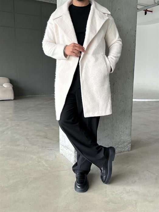 Kırıkbeyaz Kalın Uzun Tek Düğme Astarlı Kaşe LNS