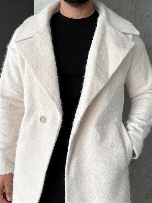 Kırıkbeyaz Kalın Uzun Tek Düğme Astarlı Kaşe LNS