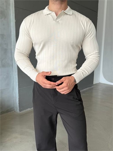 Bej Yakalı Fitilli Basic Triko TB