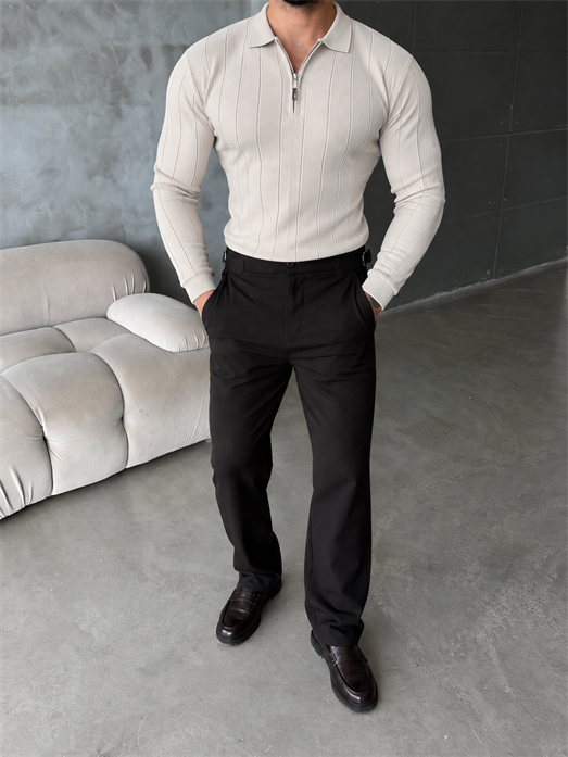 Bej Yarım Zip Detaylı Polo Yaka Triko TB