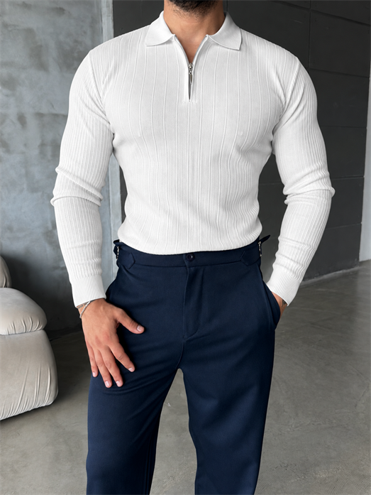 Beyaz Yarım Zip Detaylı Polo Yaka Triko TB