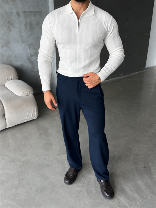Beyaz Yarım Zip Detaylı Polo Yaka Triko TB