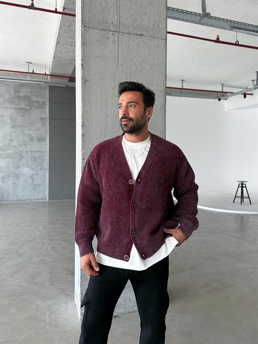 Bordo Düz Düğmeli Süveter PNC 9067