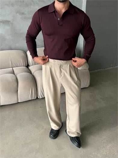 Bordo Polo Yaka Düz Triko KNG