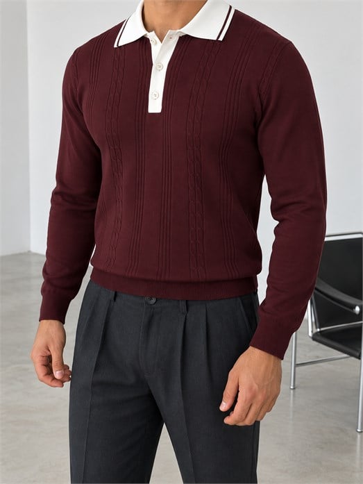 Bordo Saç Örgü Zıt Renk Yaka Triko KNG
