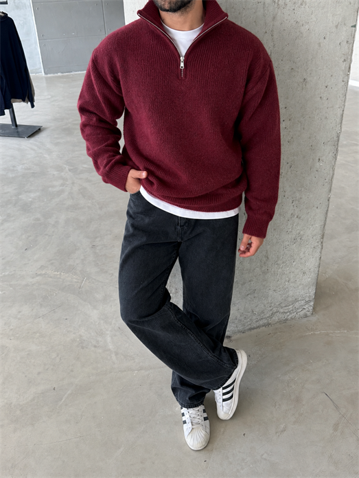 Bordo Yarım Zip Yün Triko RTR 6020