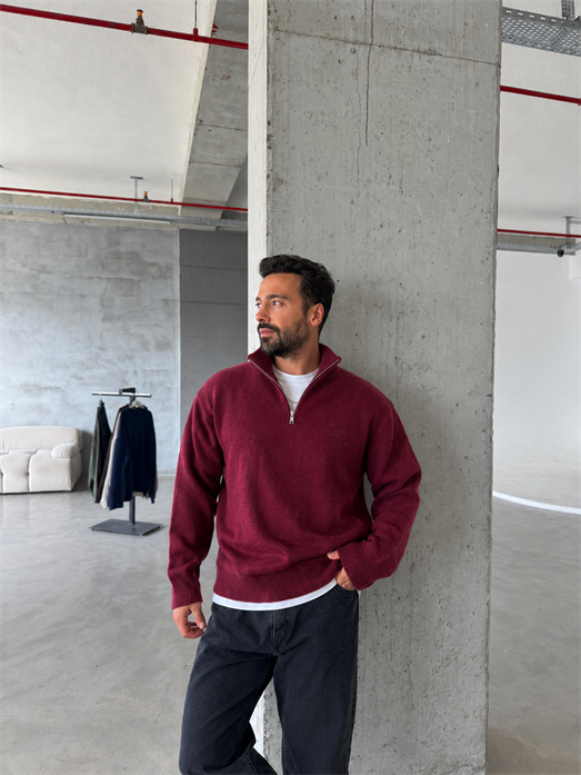 Bordo Yarım Zip Yün Triko RTR 6020
