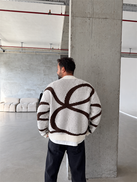 Ekru Teddy Yün Desenli Oversize Kazak 8005 YEP