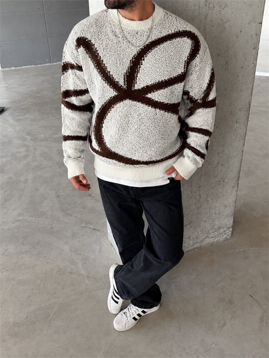 Ekru Teddy Yün Desenli Oversize Kazak 8005 YEP