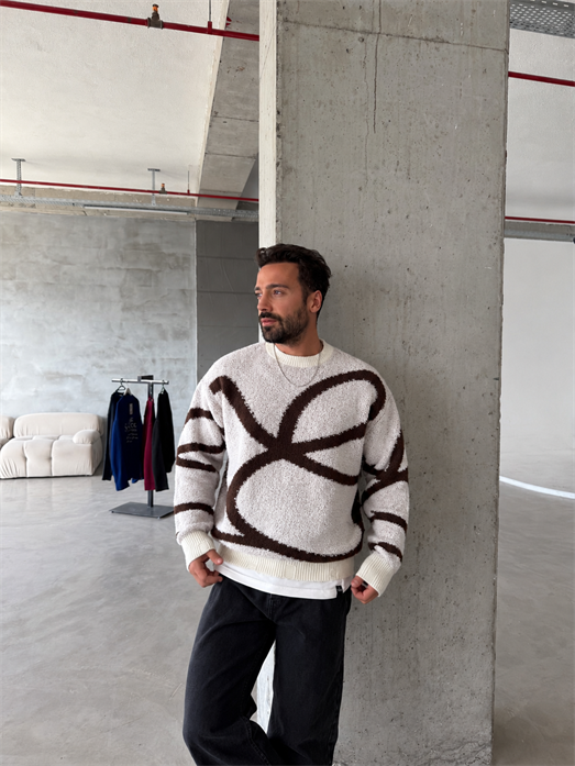 Ekru Teddy Yün Desenli Oversize Kazak 8005 YEP
