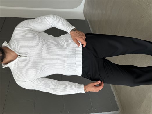 Ekru Yarım Fermuarlı Elegant Basic Kazak TB