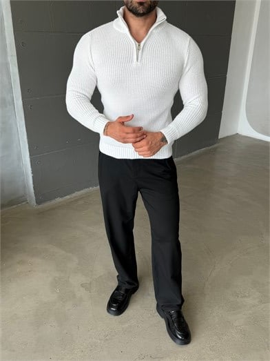 Ekru Yarım Fermuarlı Elegant Basic Kazak TB