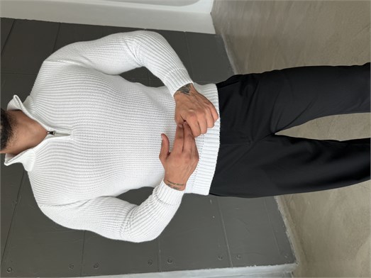 Ekru Yarım Fermuarlı Elegant Basic Kazak TB