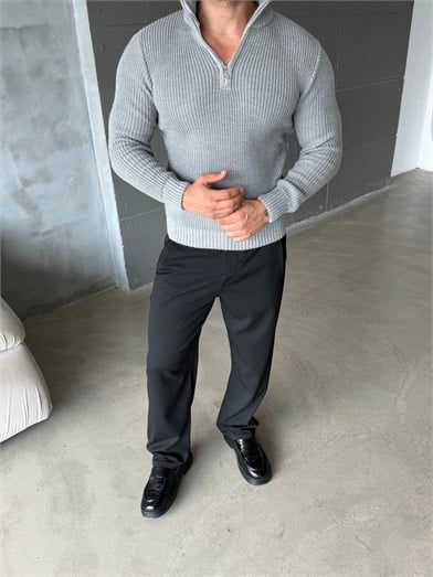 Gri Yarım Fermuarlı Elegant Basic Kazak TB