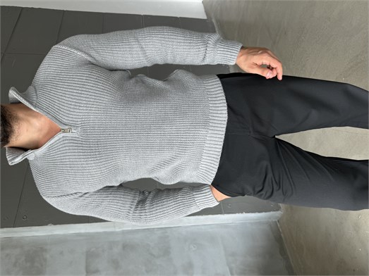 Gri Yarım Fermuarlı Elegant Basic Kazak TB