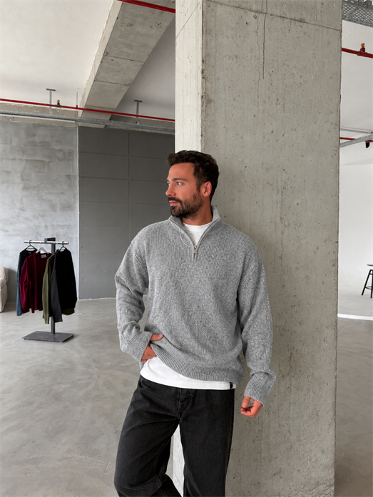 Gri Yarım Zip Yün Triko RTR 6020