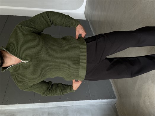 Haki Yarım Fermuarlı Elegant Basic Kazak TB