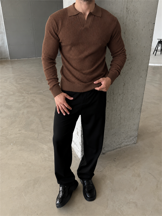 Kahve Motifli Açma Yaka Polo Triko TB