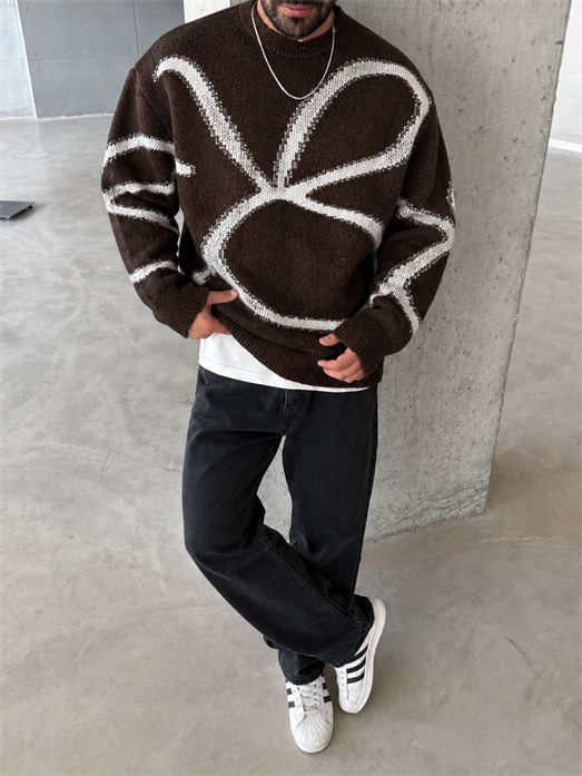 Kahve Teddy Yün Desenli Oversize Kazak 8005 YEP