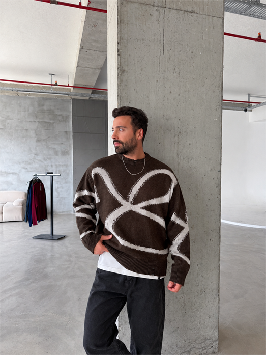 Kahve Teddy Yün Desenli Oversize Kazak 8005 YEP