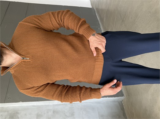 Kahve Yarım Fermuarlı Elegant Basic Kazak TB