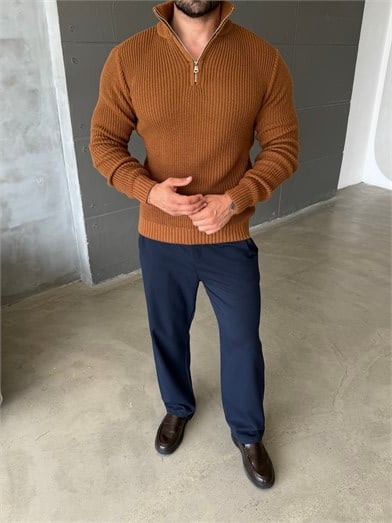 Kahve Yarım Fermuarlı Elegant Basic Kazak TB