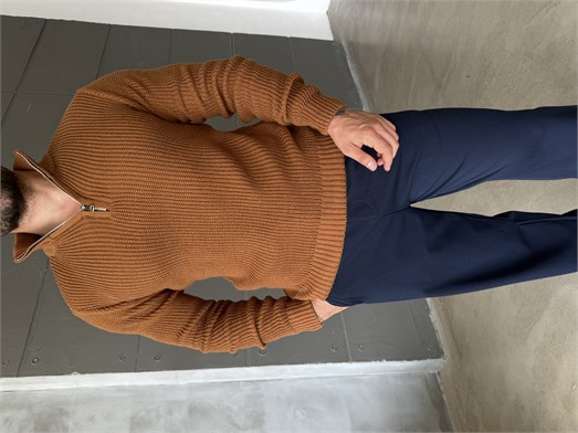 Kahve Yarım Fermuarlı Elegant Basic Kazak TB