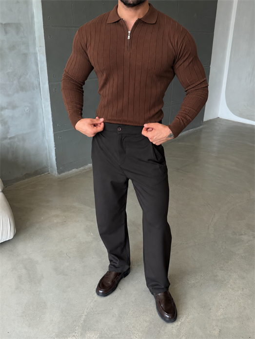 Kahve Yarım Zip Detaylı Polo Yaka Triko TB