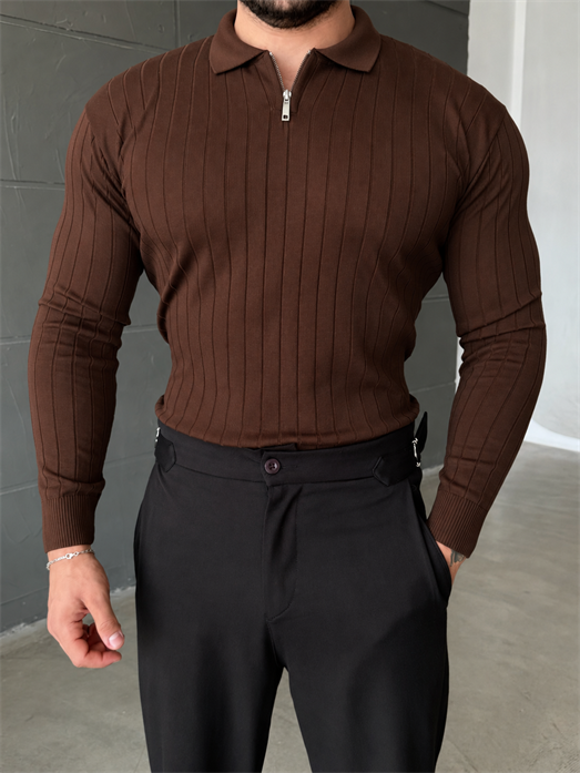 Kahve Yarım Zip Detaylı Polo Yaka Triko TB