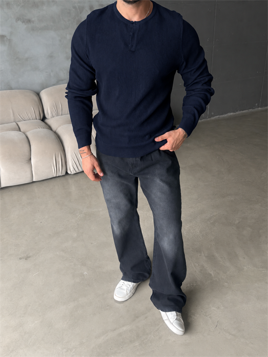 Lacivert Triko Pamuk Sweat Henley PNC 6059