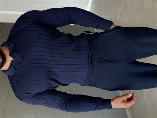 Lacivert Yakalı Fitilli Basic Triko TB
