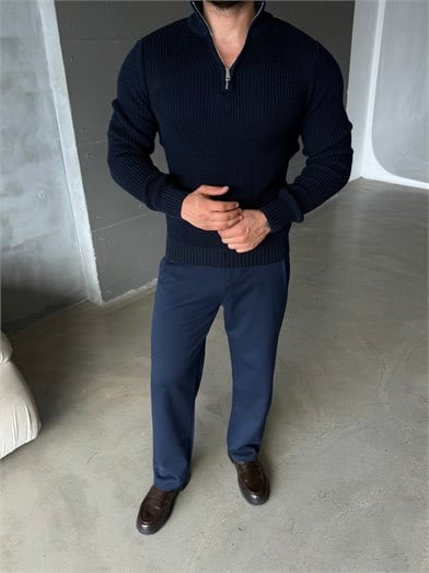 Lacivert Yarım Fermuarlı Elegant Basic Kazak TB