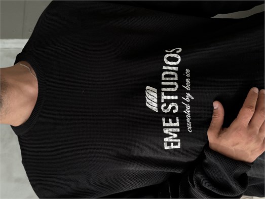 Siyah Studio Baskılı Boxy Pamuk Kazak PNC 9090
