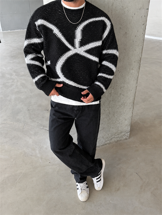 Siyah Teddy Yün Desenli Oversize Kazak 8005 YEP