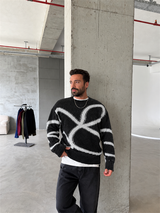 Siyah Teddy Yün Desenli Oversize Kazak 8005 YEP