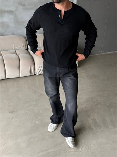 Siyah Triko Pamuk Sweat Henley PNC 6059