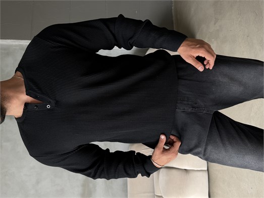 Siyah Triko Pamuk Sweat Henley PNC 6059