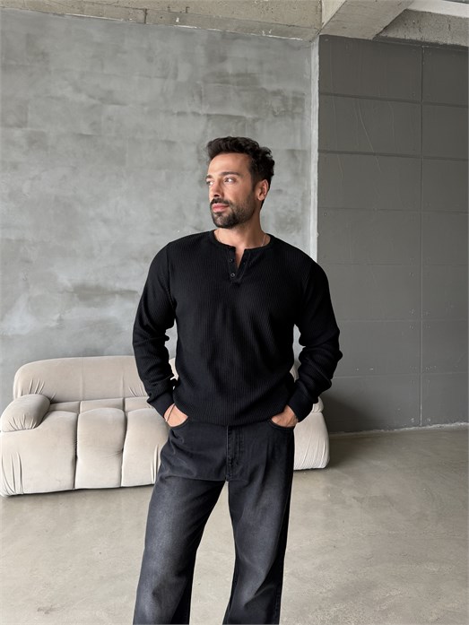 Siyah Triko Pamuk Sweat Henley PNC 6059