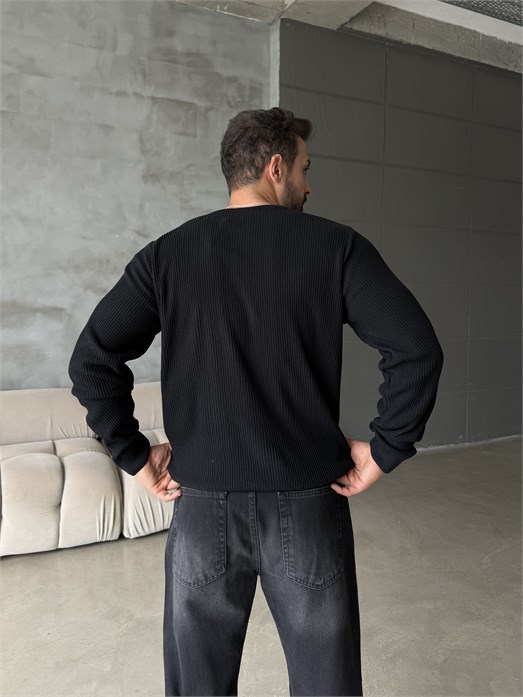 Siyah Triko Pamuk Sweat Henley PNC 6059