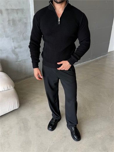 Siyah Yarım Fermuarlı Elegant Basic Kazak TB