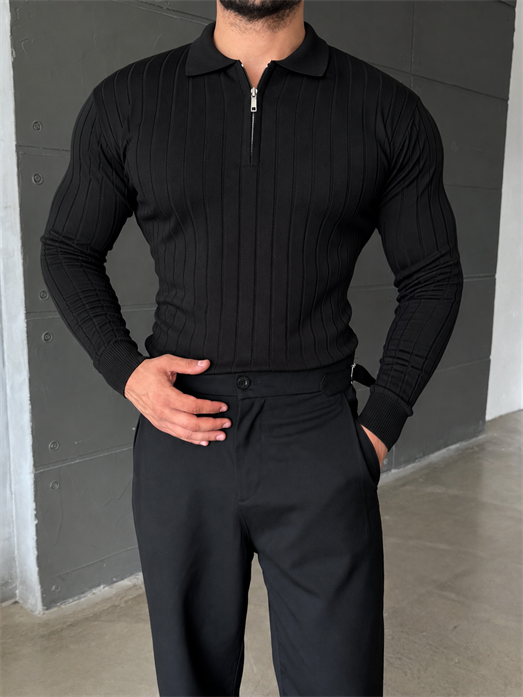 Siyah Yarım Zip Detaylı Polo Yaka Triko TB