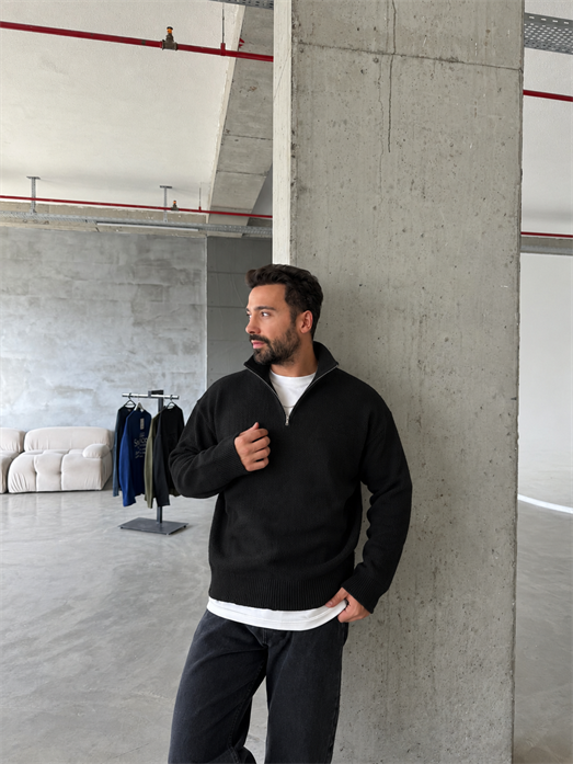 Siyah Yarım Zip Yün Triko RTR 6020